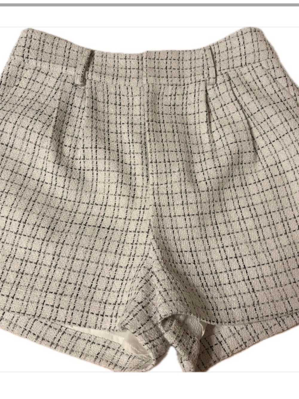 Le Lis Cream Tweed High-Waist Shorts with Black Check